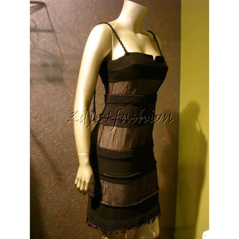 $14200 CHADO RALPH RUCCI Black Sheer Banded Textured Wool Silk Dress 4